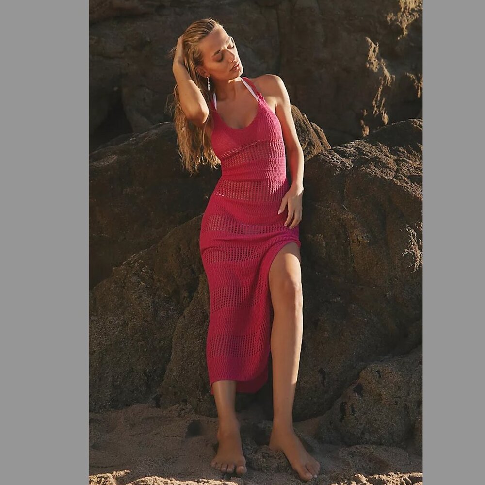 NWT L*Space Kalea Crochet Dress Maxi Cover-up Beach Hot Pink – Small